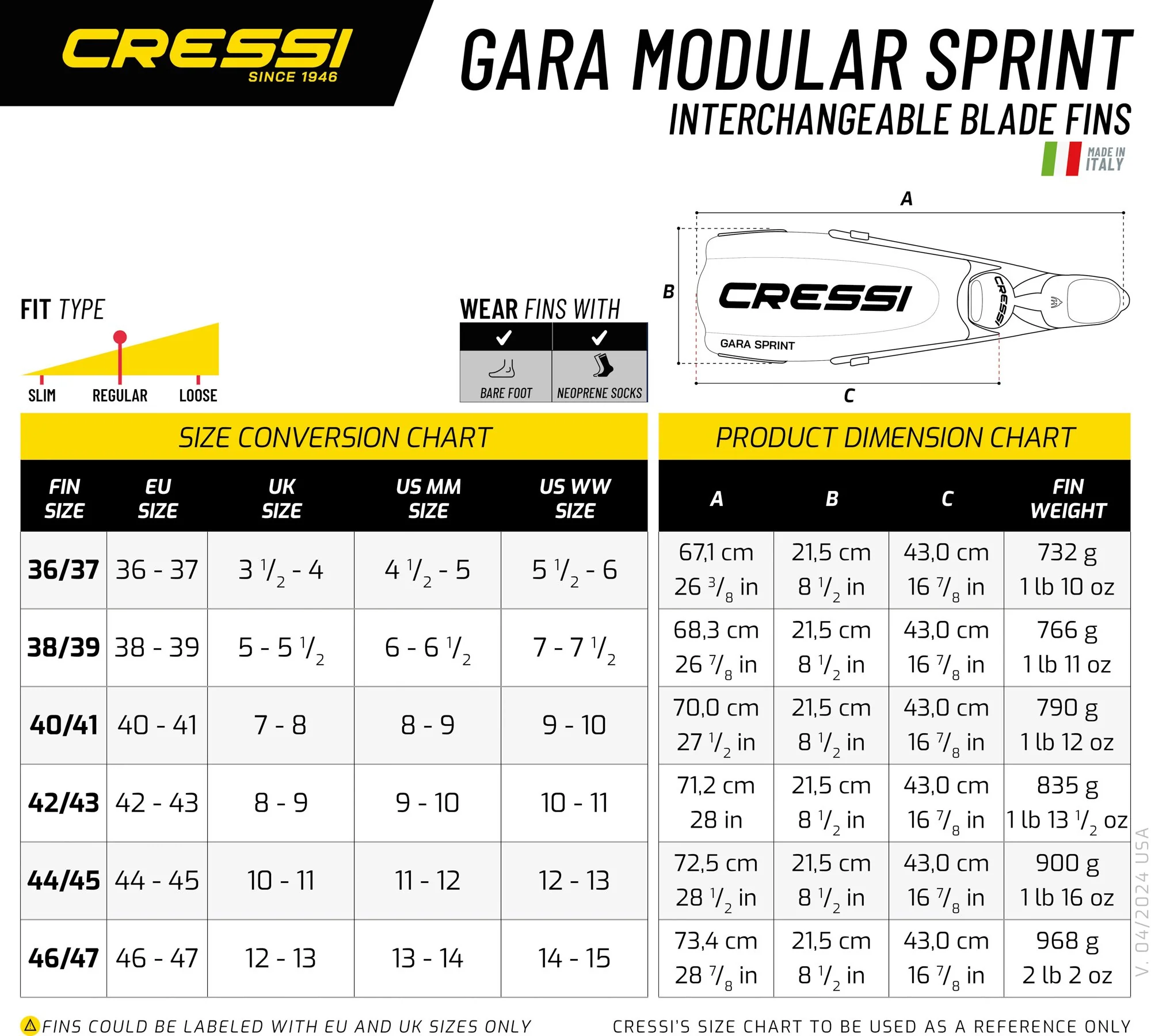 CRESSI Gara Modular Sprint Fins Black - Black - 36