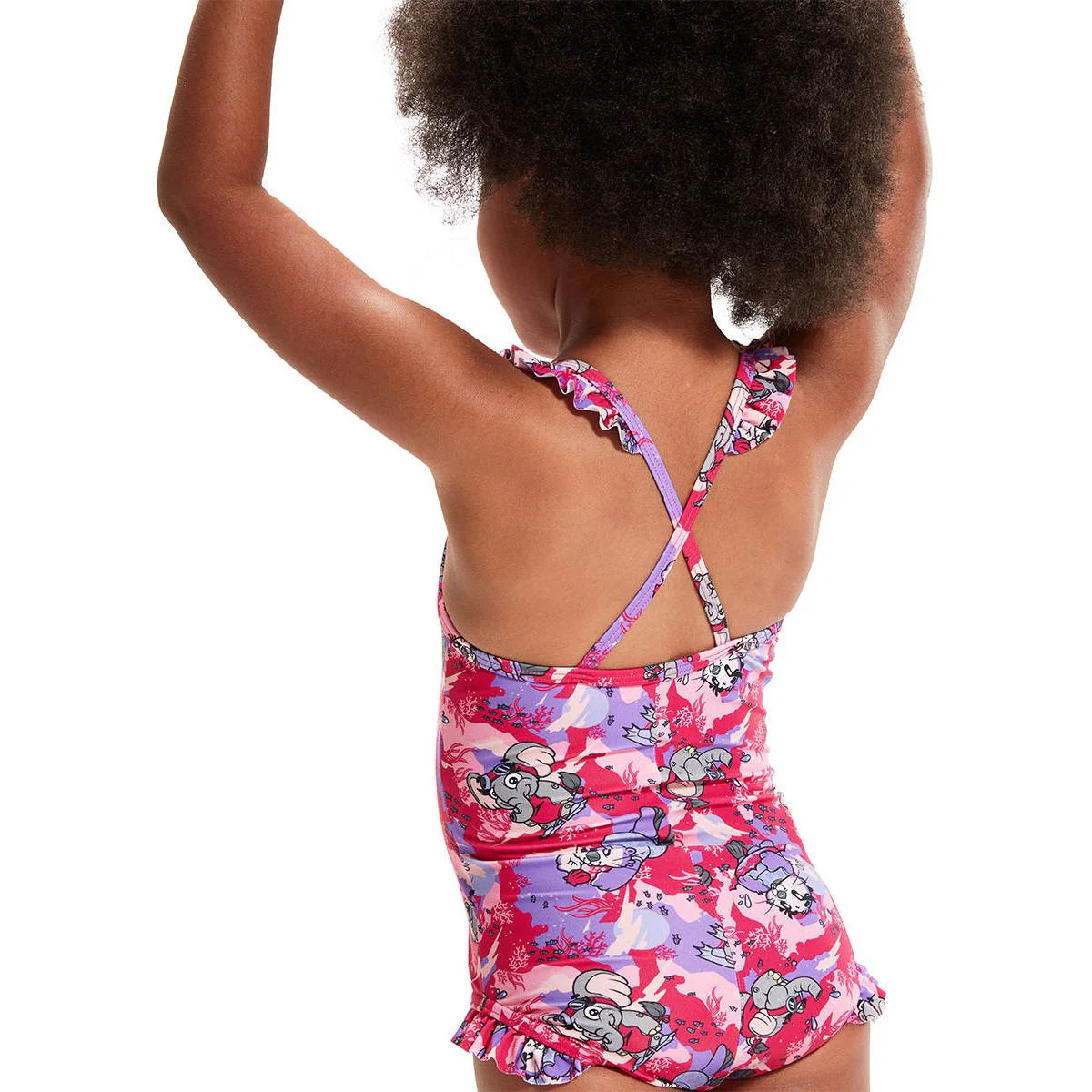 SPEEDO Learn To Swim Printed Frill Thinstrap Girls Swimsuit - Pink - 2 YEARS